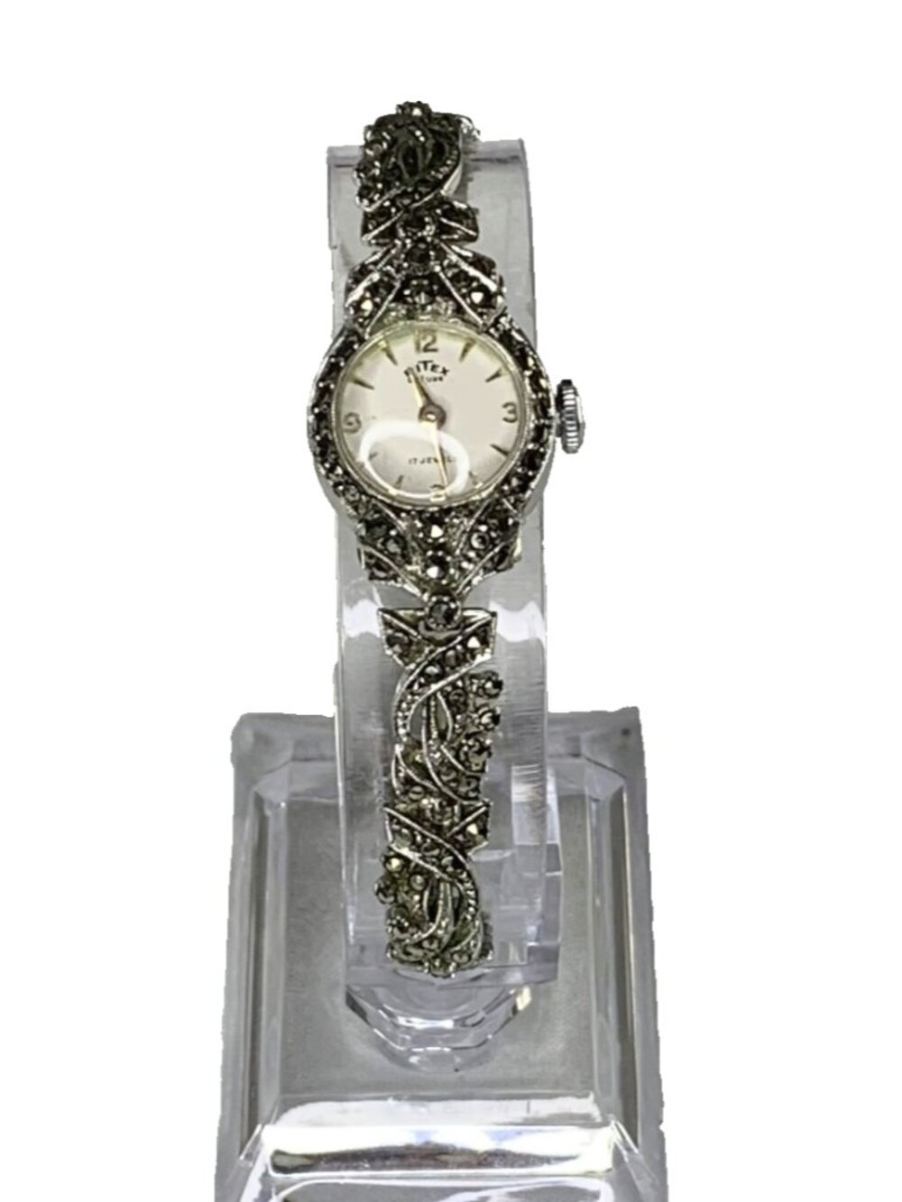 Vintage 50s Ritex Swiss Mechanical Watch Marcasite Silver Plated 17 Jewels Hand - Picture 3 of 7